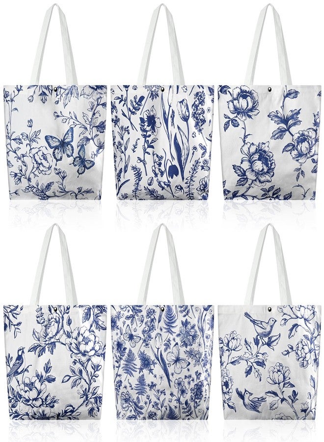 Kuabiz 6 Pcs Floral Canvas Tote Bags Bulk for Women Chinoiserie Tote Bag Aesthetic Reusable Grocery Bags for Travel Shopping (Chinoiserie) - Image 1